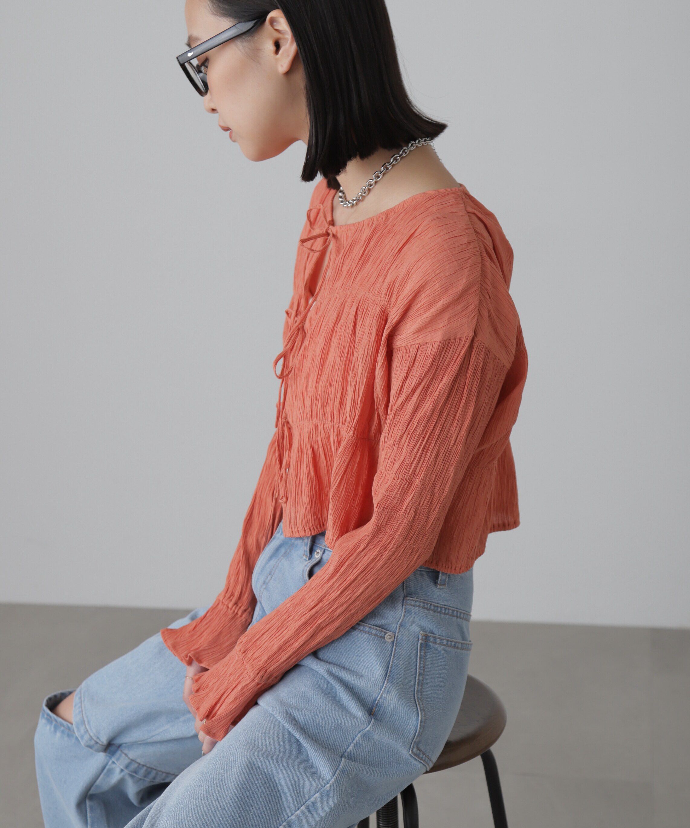  「シアーギャザー前開き短丈ブラウス」|シャツ・ブラウス|