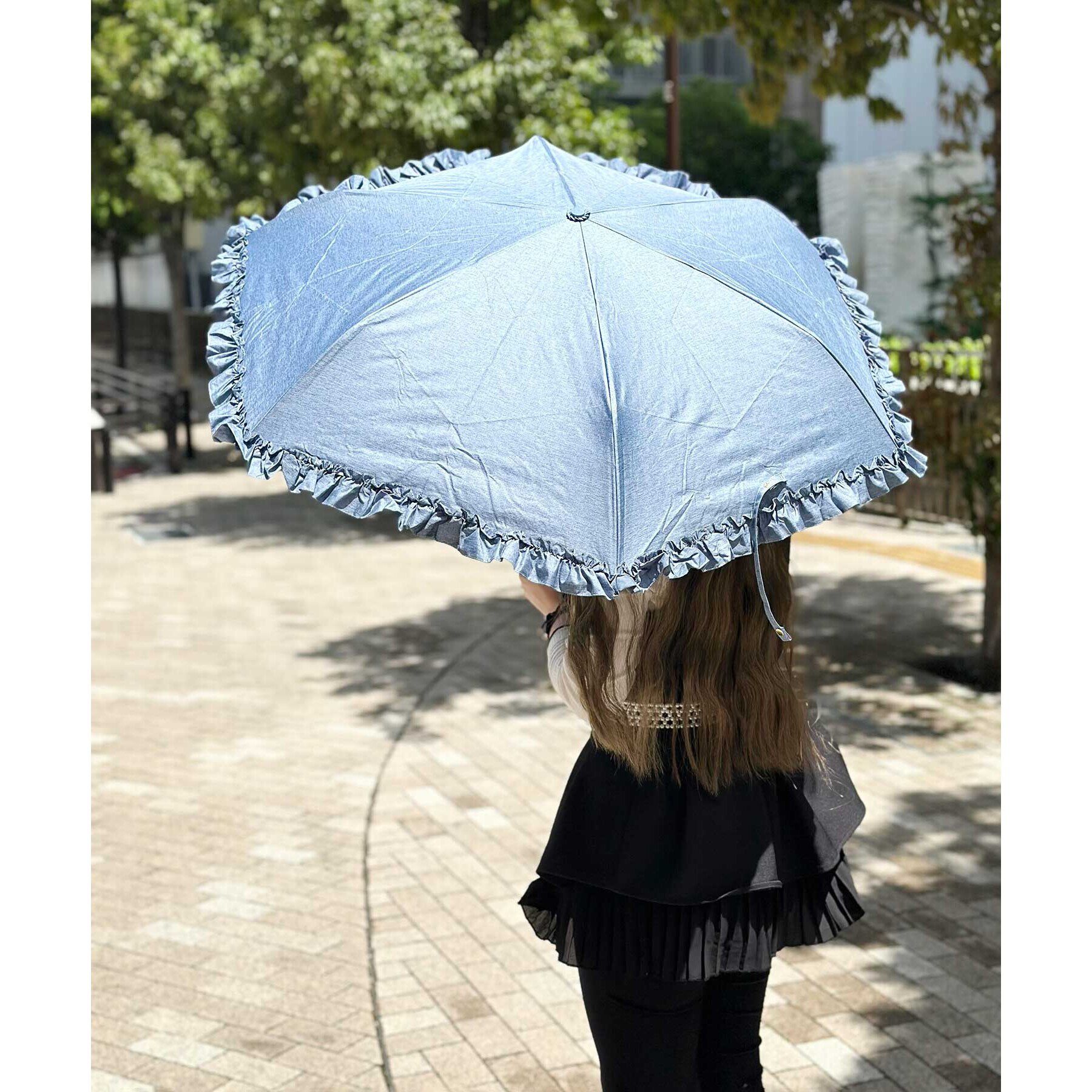 Ober Tashe「pink trick/ピンクトリック 遮光率100％！デニム風フリル折りたたみ日傘　(晴雨兼用)」|傘|