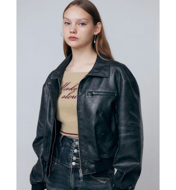 EMODA「ヴィンテージフェイクレザーブルゾン」|ブルゾン・スタジャン|ブラック