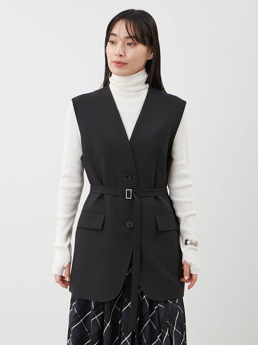 Mila Owen「共ベルト付きオーバーサイズノーカラーベスト」|ダウンベスト・ベスト|