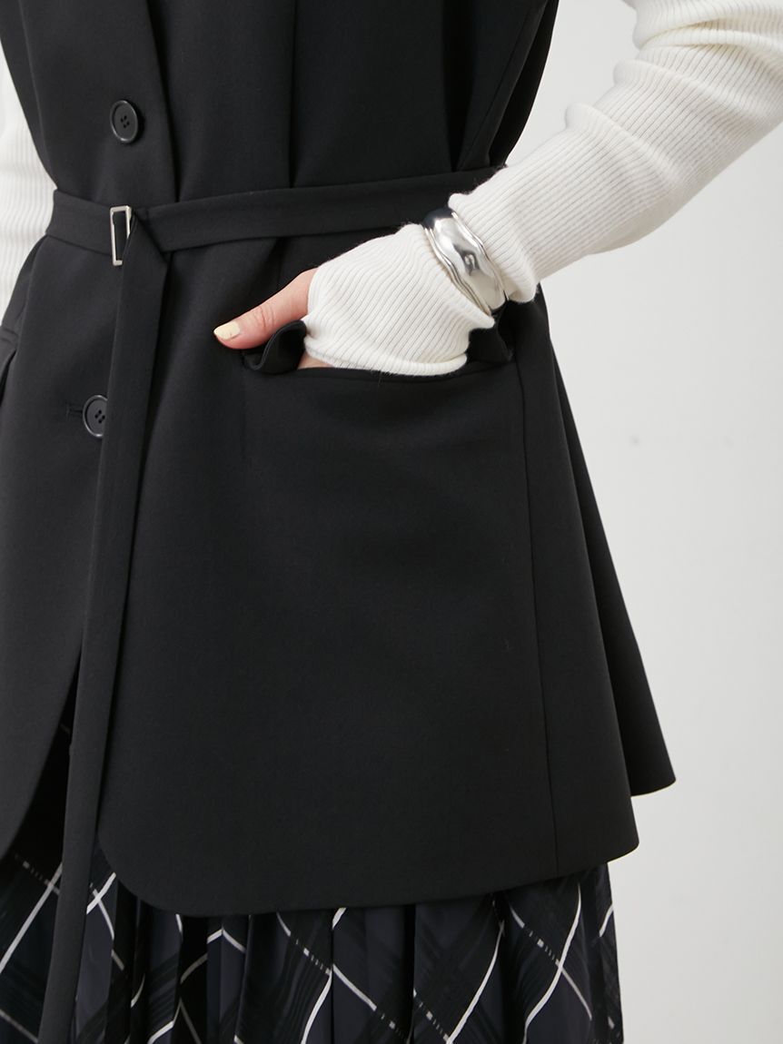 Mila Owen「共ベルト付きオーバーサイズノーカラーベスト」|ダウンベスト・ベスト|