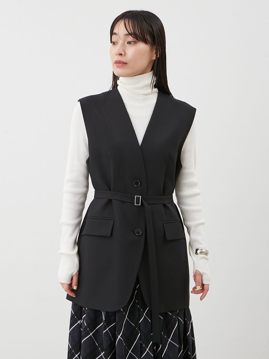 Mila Owen「共ベルト付きオーバーサイズノーカラーベスト」|ダウンベスト・ベスト|