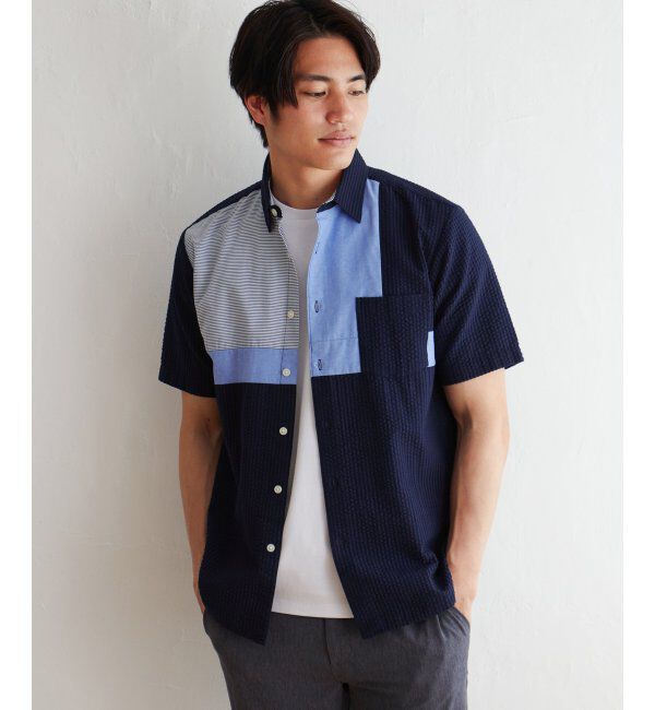ikka「サッカーブロック切り替えシャツ」|シャツ・ブラウス|ネイビー