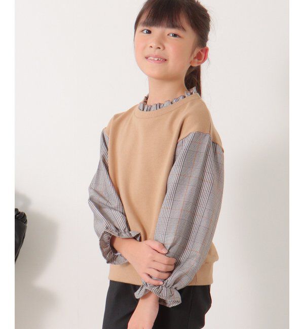 ikka kids「袖チェックフリル襟プルオーバー（120~160cm）」|Tシャツ・カットソー|ベージュ