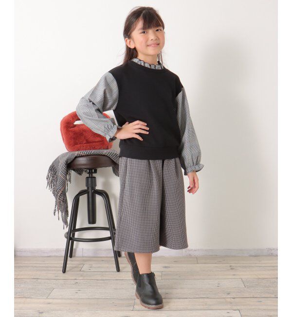 ikka kids「袖チェックフリル襟プルオーバー（120~160cm）」|Tシャツ・カットソー|