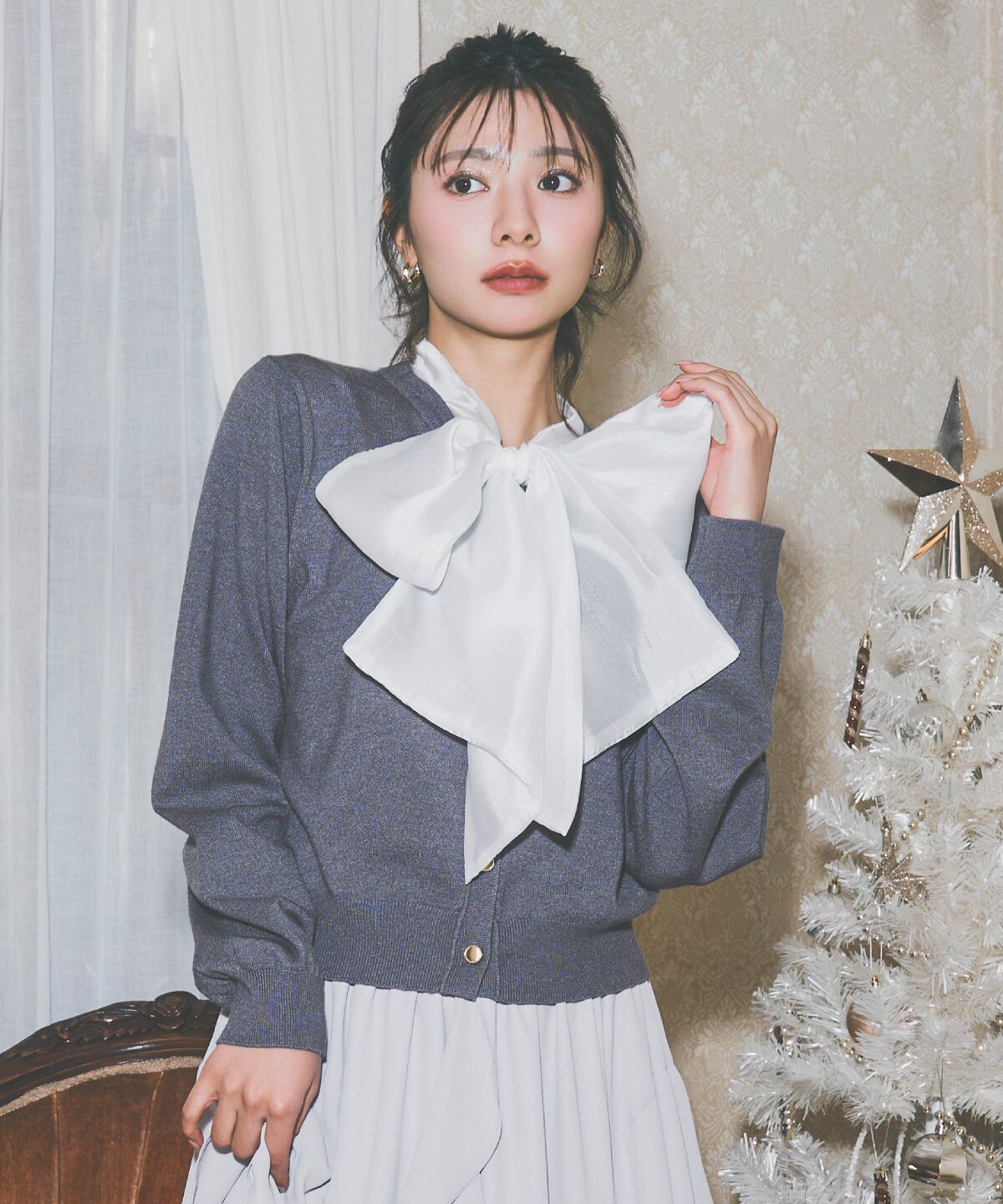 アンドクチュール「異素材リボンニットカーディガン」|カーディガン|