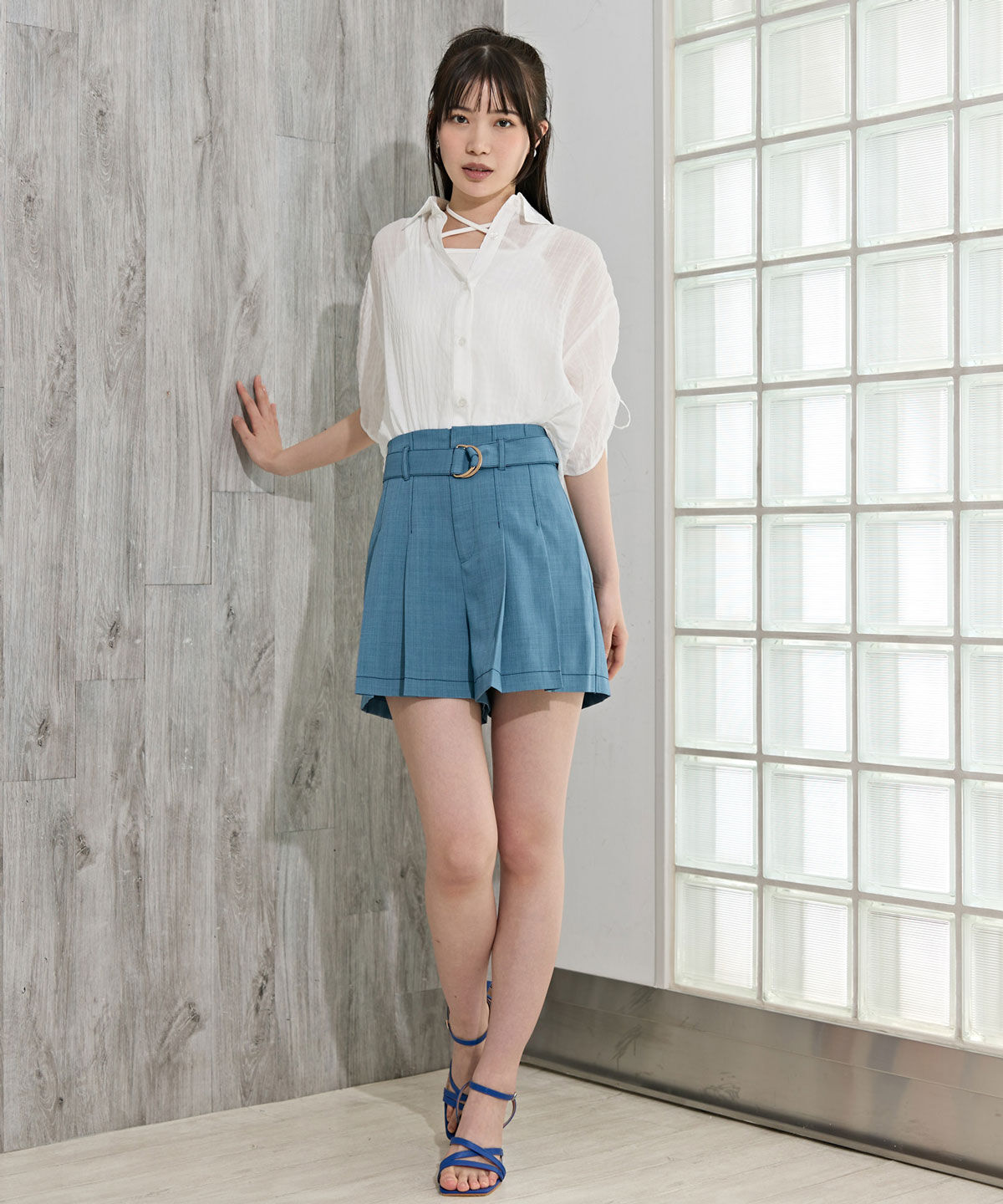 REDYAZEL「配色ステッチハイウエストタックショートパンツ」|キュロット|