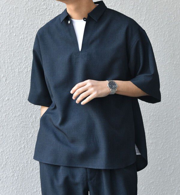 SHIPS any「SHIPS any:〈洗濯機可能〉リネンライク スキッパー プルオーバーシャツ(セットアップ対応)◇」|シャツ・ブラウス|ネイビー