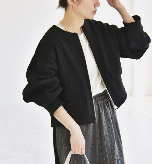 quaranciel「quaranciel:〈洗濯機可能〉ダンボール 裏起毛 ノーカラー コクーン ショート ブルゾン」|ブルゾン・スタジャン|