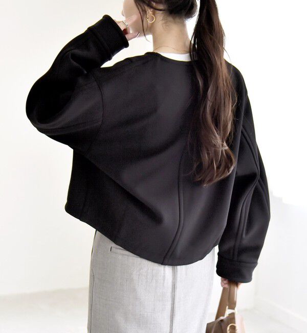 quaranciel「quaranciel:〈洗濯機可能〉ダンボール 裏起毛 ノーカラー コクーン ショート ブルゾン」|ブルゾン・スタジャン|