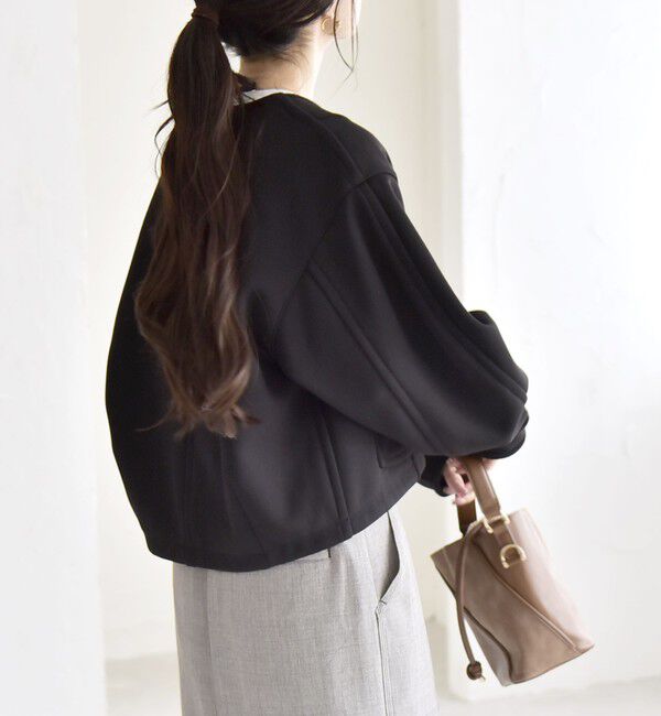 quaranciel「quaranciel:〈洗濯機可能〉ダンボール 裏起毛 ノーカラー コクーン ショート ブルゾン」|ブルゾン・スタジャン|