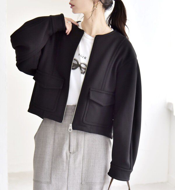 quaranciel「quaranciel:〈洗濯機可能〉ダンボール 裏起毛 ノーカラー コクーン ショート ブルゾン」|ブルゾン・スタジャン|