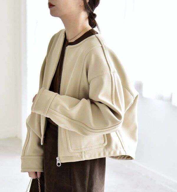 quaranciel「quaranciel:〈洗濯機可能〉ダンボール 裏起毛 ノーカラー コクーン ショート ブルゾン」|ブルゾン・スタジャン|ベージュ