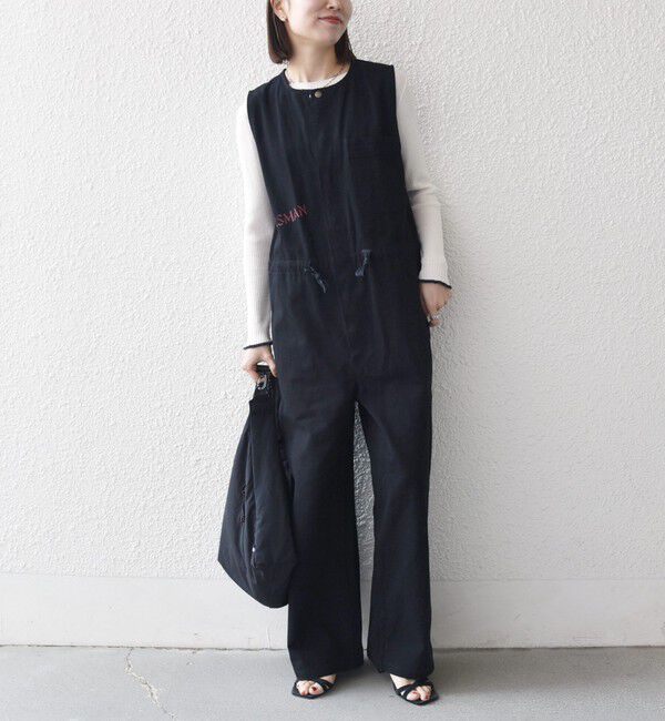 SHIPS any「《予約》【SHIPS any別注】PAYDAY:〈洗濯機可能〉ステンシル ロゴ プリント オーバーオール」|オールインワン|ブラック