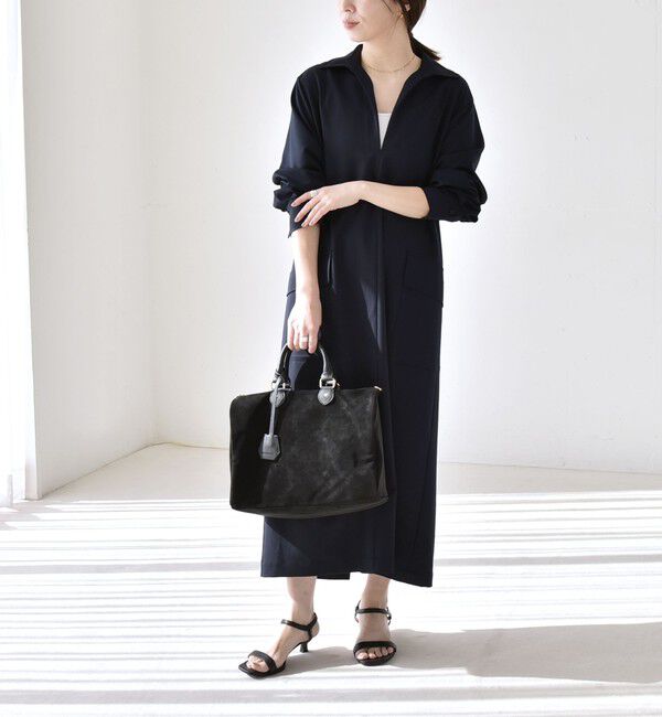 quaranciel「《予約》quaranciel:〈洗濯機可能〉Vネック スキッパー ロング シャツ ワンピース」|ワンピース|ネイビー