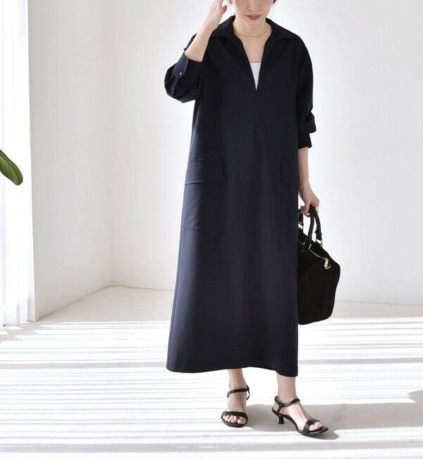 quaranciel「《予約》quaranciel:〈洗濯機可能〉Vネック スキッパー ロング シャツ ワンピース」|ワンピース|