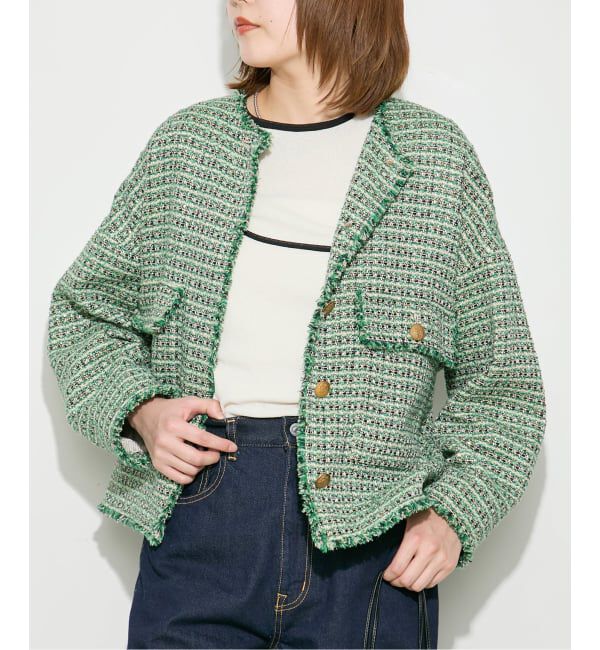 journal standard L'essage「《予約》【SP】GIOLICA TWEED ドルマンジャケット 2」|ノーカラージャケット|グリーン A