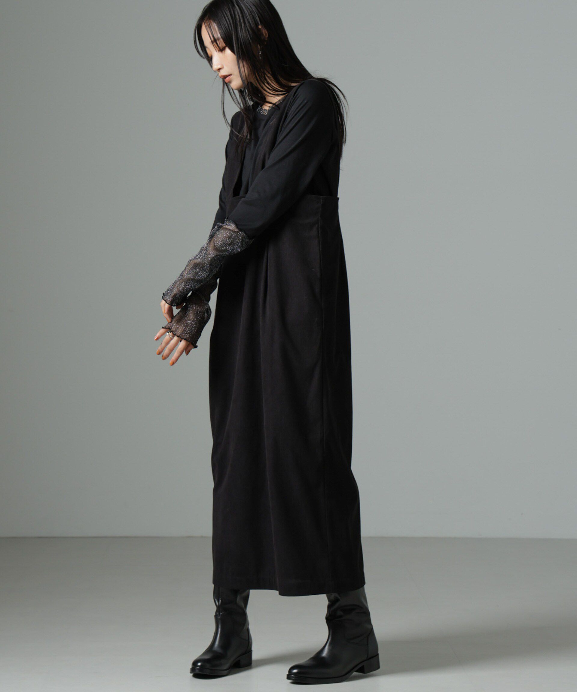 nano･universe「マイクロコールナロージャンパースカート(セットアップ可)」|ワンピース|ブラック