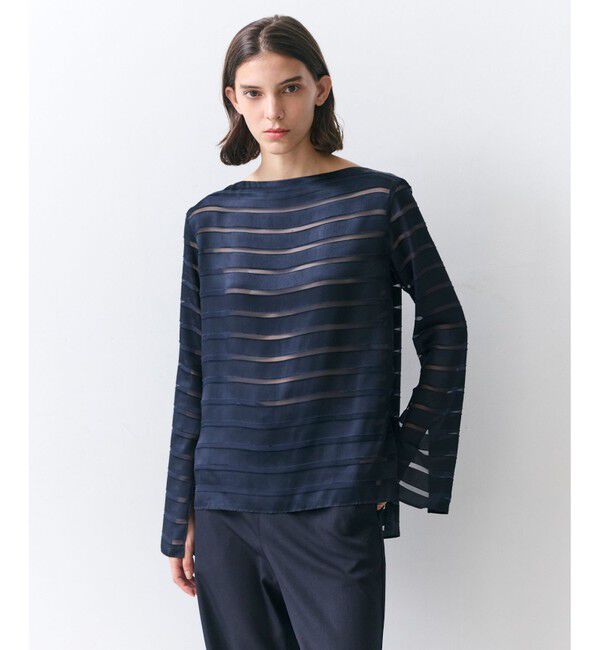 BEIGE,「HAUYNITE / ボーダーシアー ボートネックブラウス」|シャツ・ブラウス|Navy