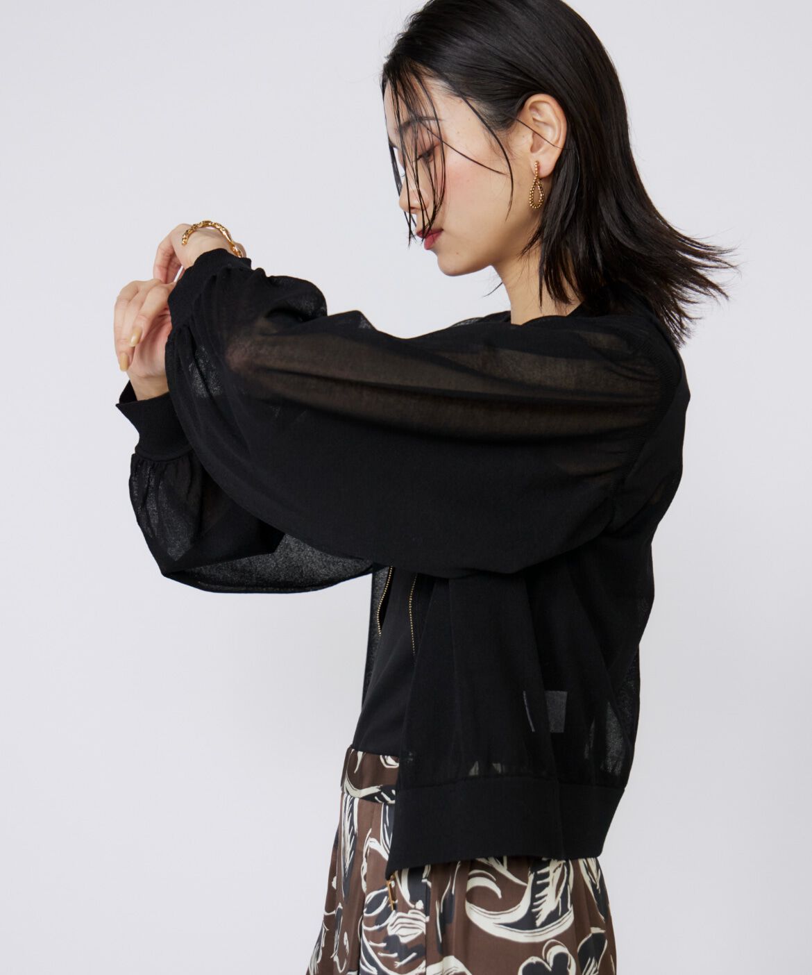 INED「《大きいサイズ》シアーニットジップアップカーディガン」|カーディガン|