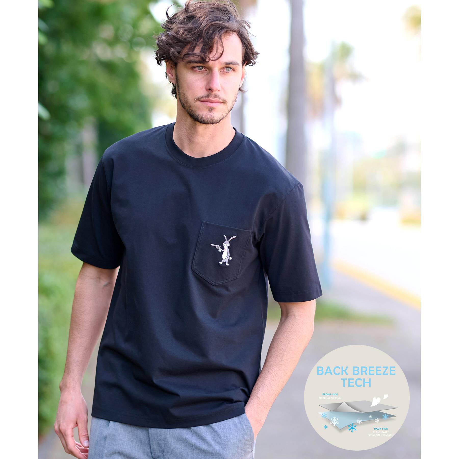 DRESSTERIOR「【接触冷感/UVカット】BACK BREEZE TECH ラビットポケTシャツ」|Tシャツ・カットソー|ブラック(019)