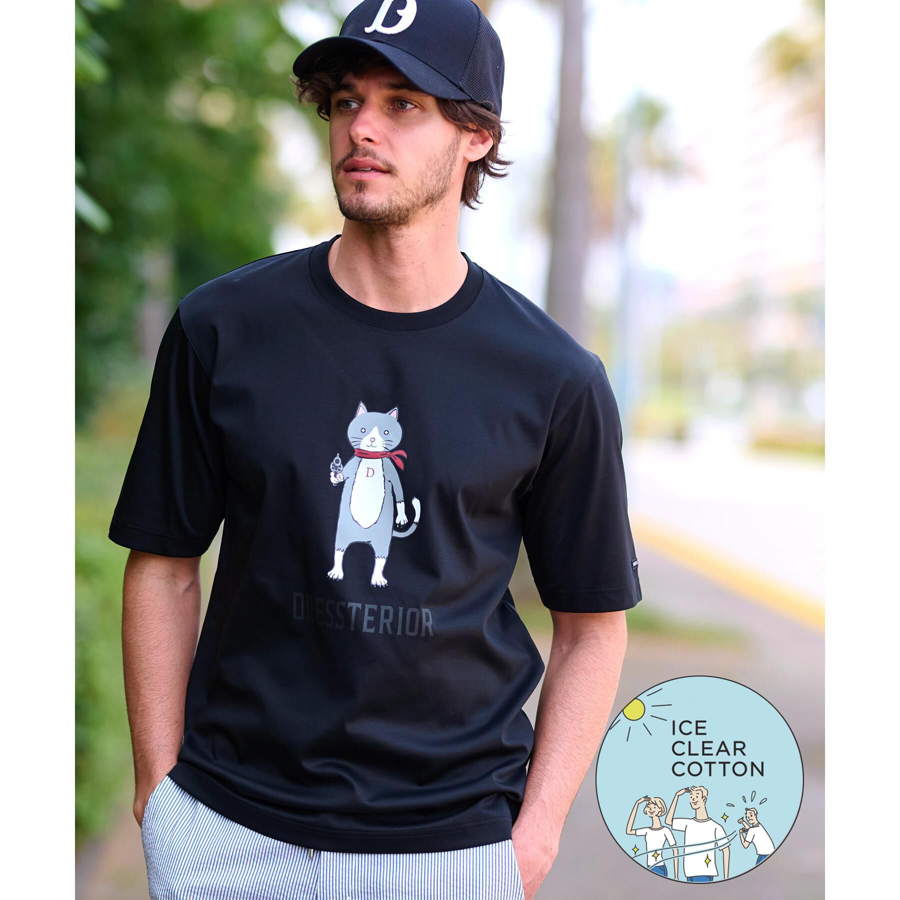 DRESSTERIOR「【接触冷感／抗菌防臭／消臭】ICE CLEAR COTTON キャットTシャツ」|Tシャツ・カットソー|ブラック(019)
