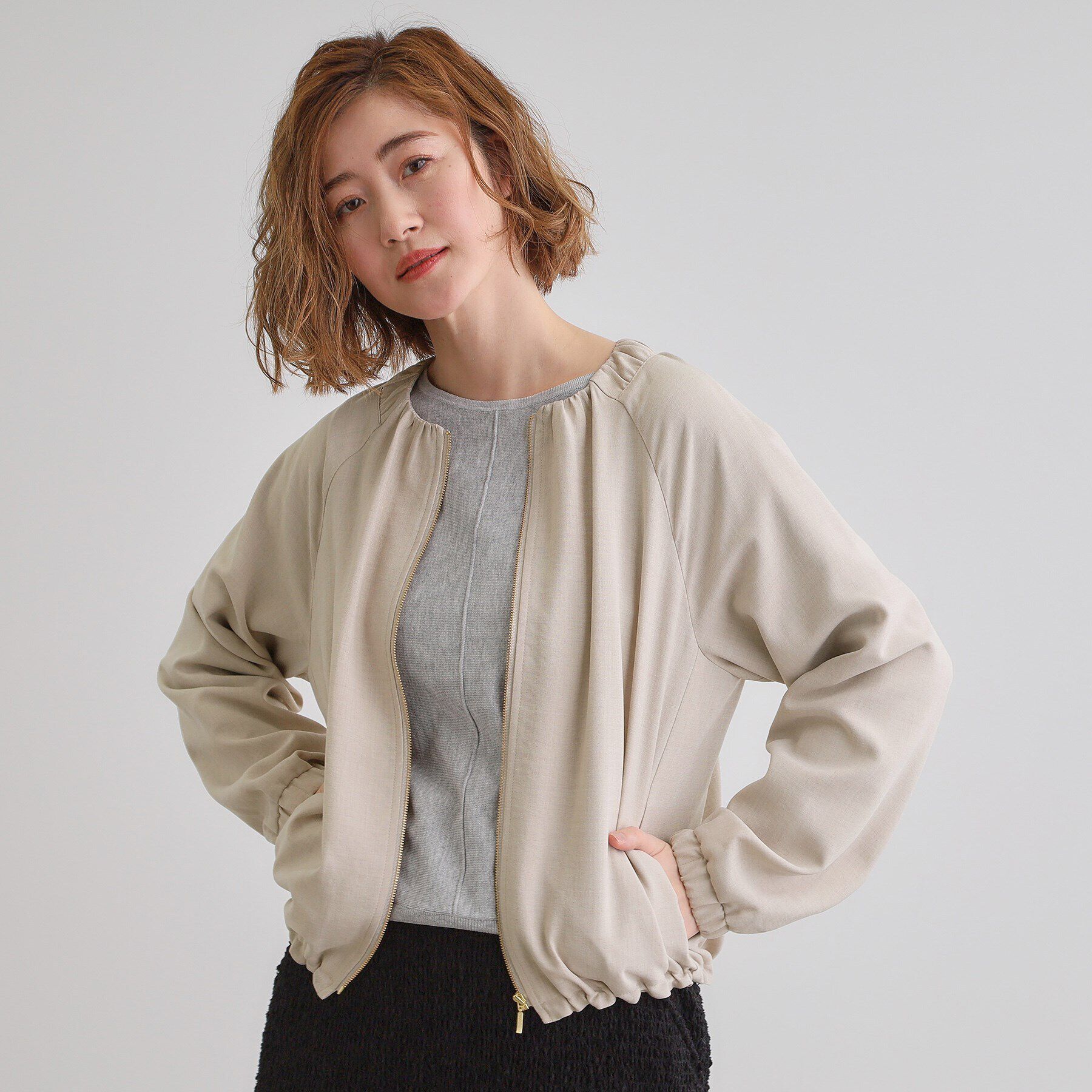 grove「軽やかに羽織る　リネンライクノーカラーブルゾン」|ブルゾン・スタジャン|
