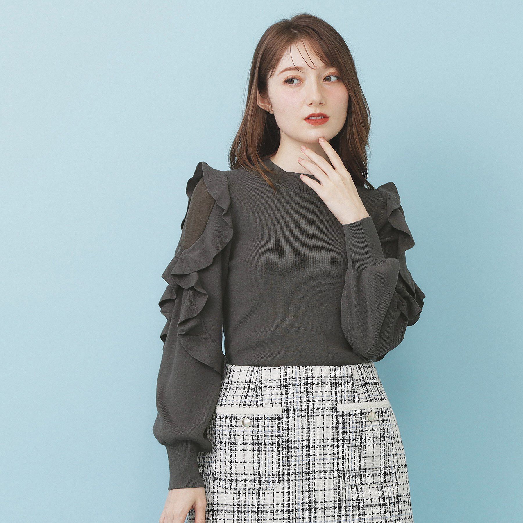 index「ハイネックシアーフリルスリーブニット【洗濯機OK/抗ピル】」|ニット・セーター|チャコールグレー(0