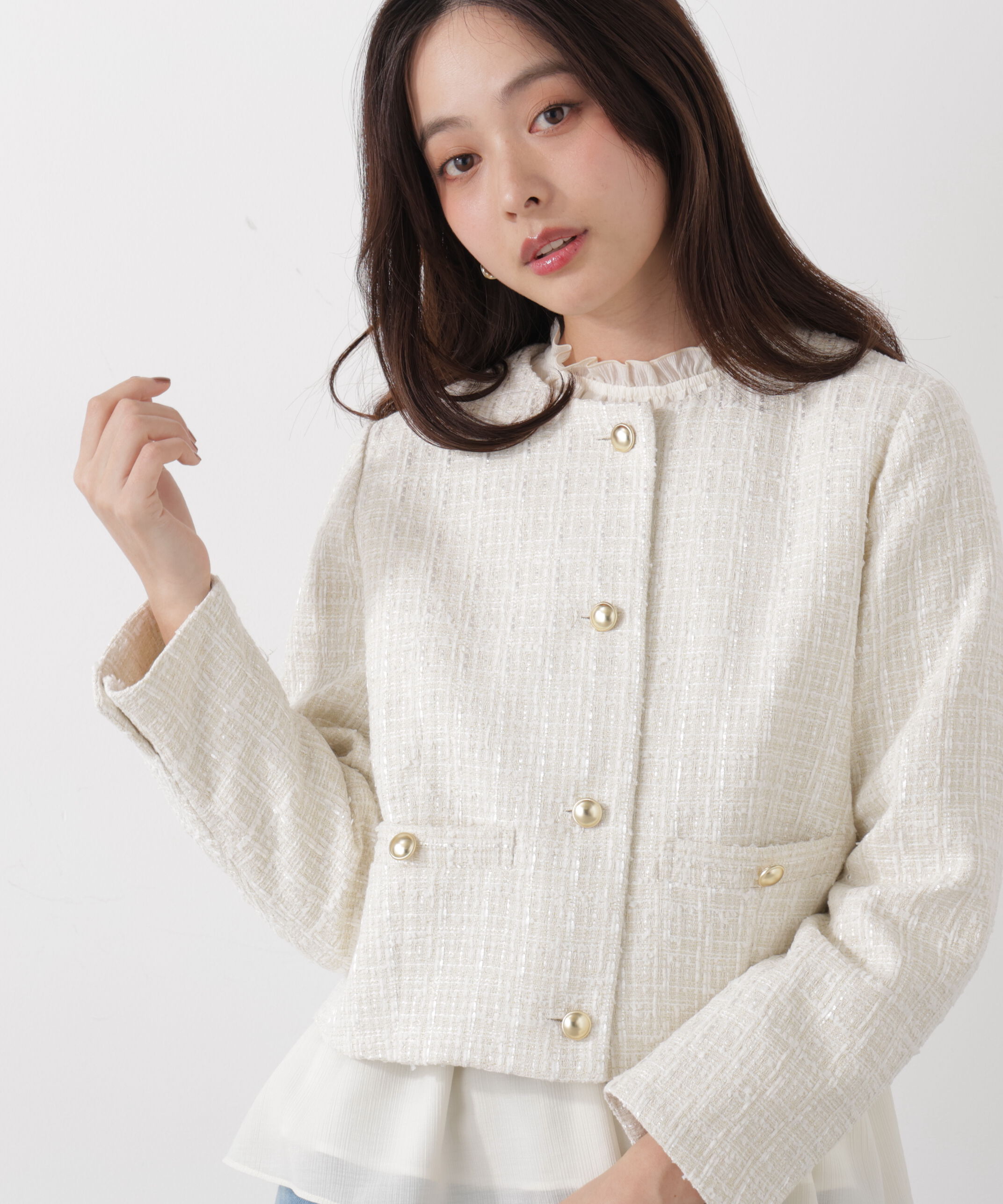 PROPORTION BODY DRESSING「ノーカラーツイードジャケット　26SS」|ブルゾン・スタジャン|エクリュ1