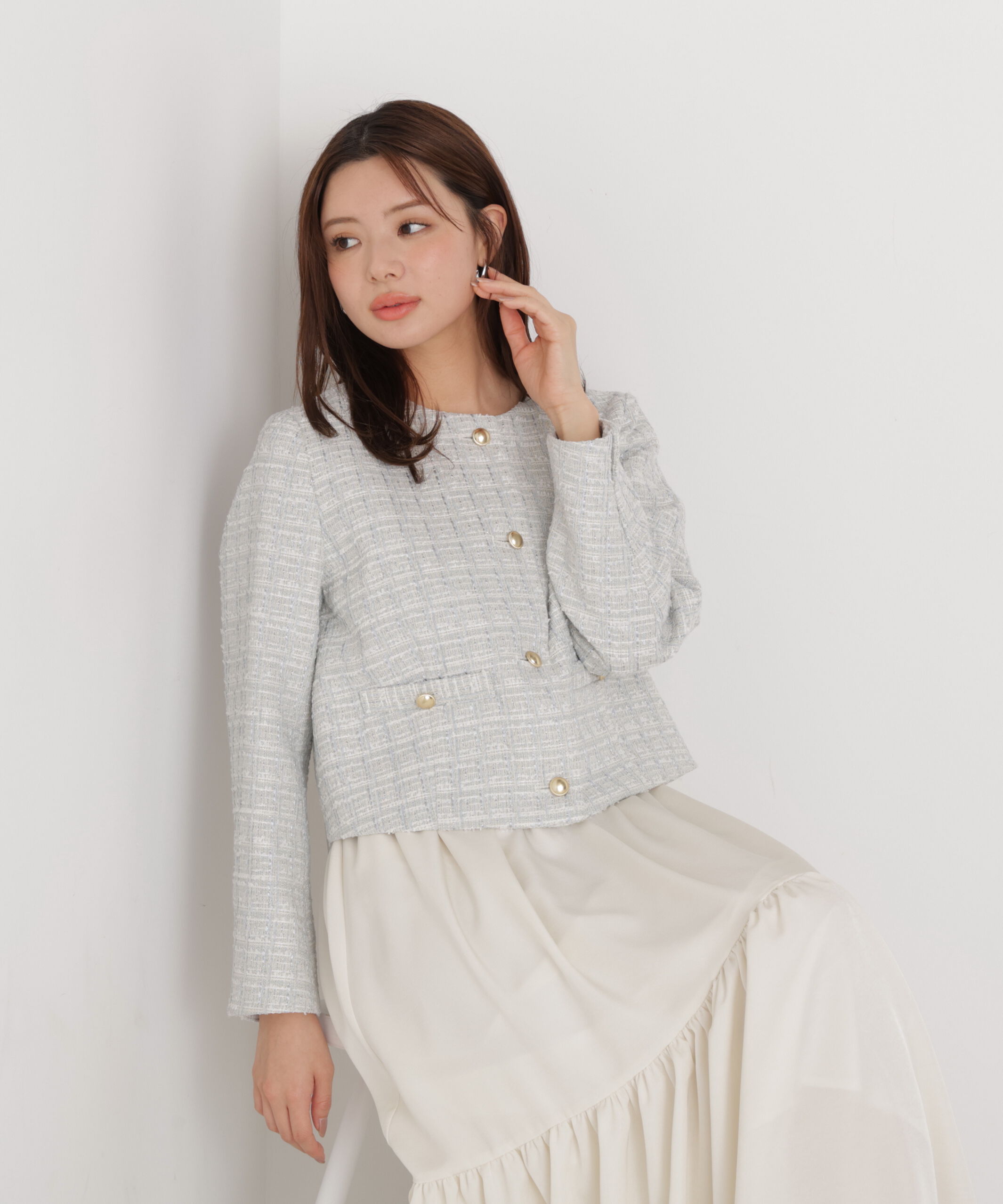 PROPORTION BODY DRESSING「ノーカラーツイードジャケット　26SS」|ブルゾン・スタジャン|ブルー