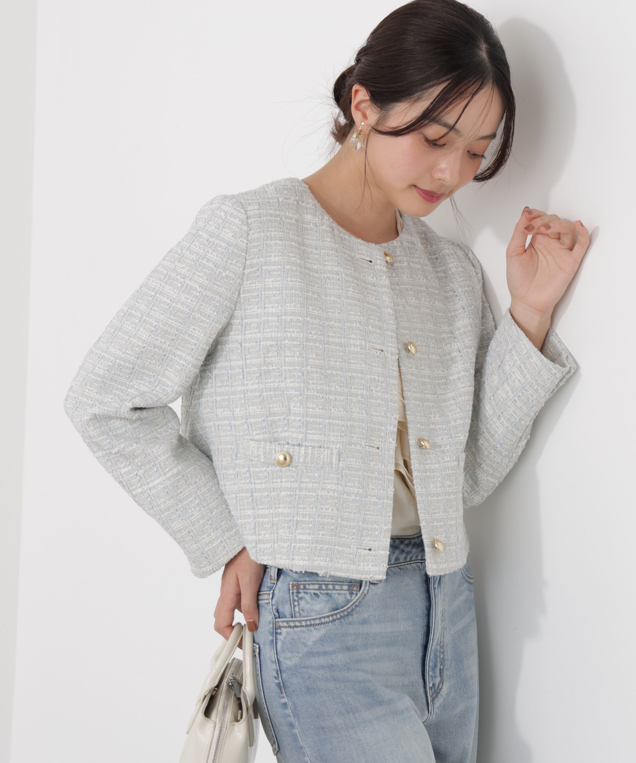 PROPORTION BODY DRESSING「ノーカラーツイードジャケット　26SS」|ブルゾン・スタジャン|