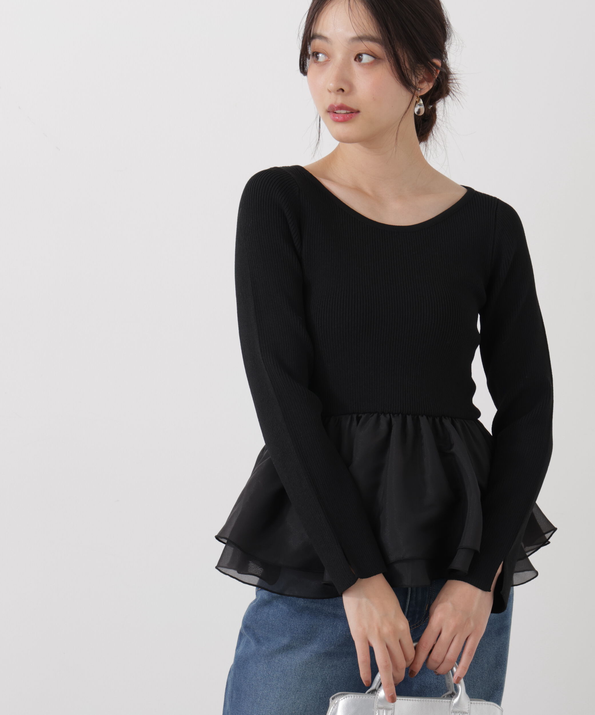 PROPORTION BODY DRESSING「〈a/mie〉シアーペプラムリブニット　26SS」|カーディガン|ブラック