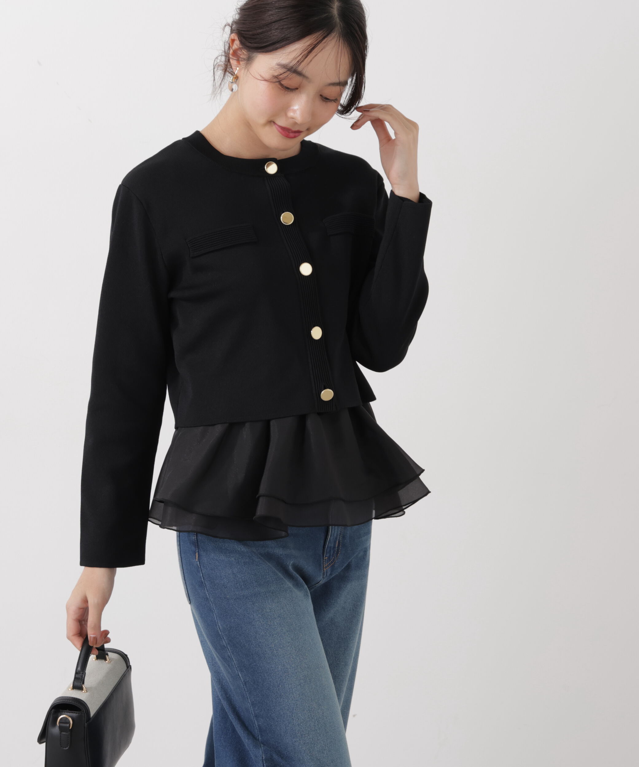 PROPORTION BODY DRESSING「〈a/mie〉シアーペプラムリブニット　26SS」|カーディガン|