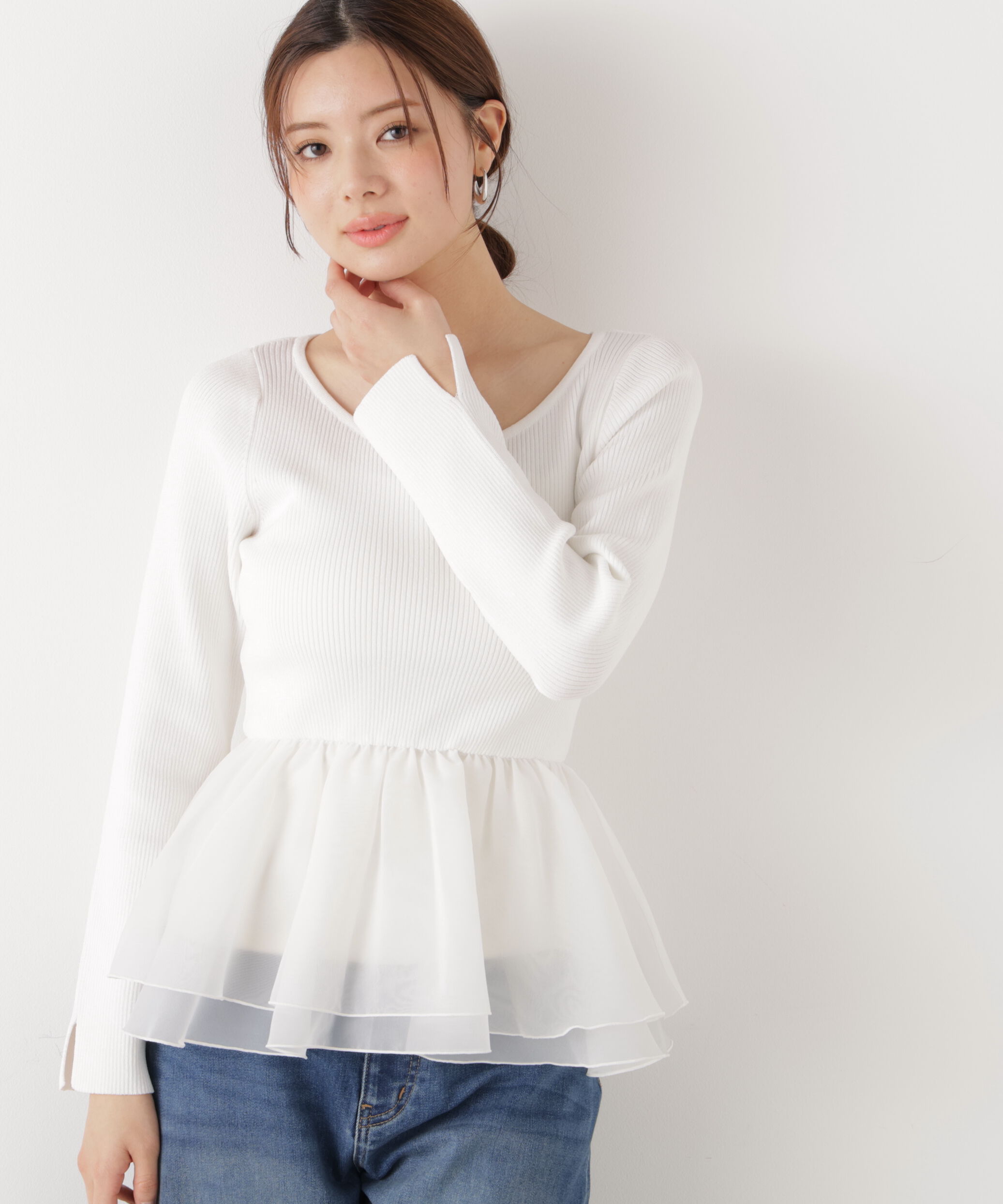 PROPORTION BODY DRESSING「〈a/mie〉シアーペプラムリブニット　26SS」|カーディガン|