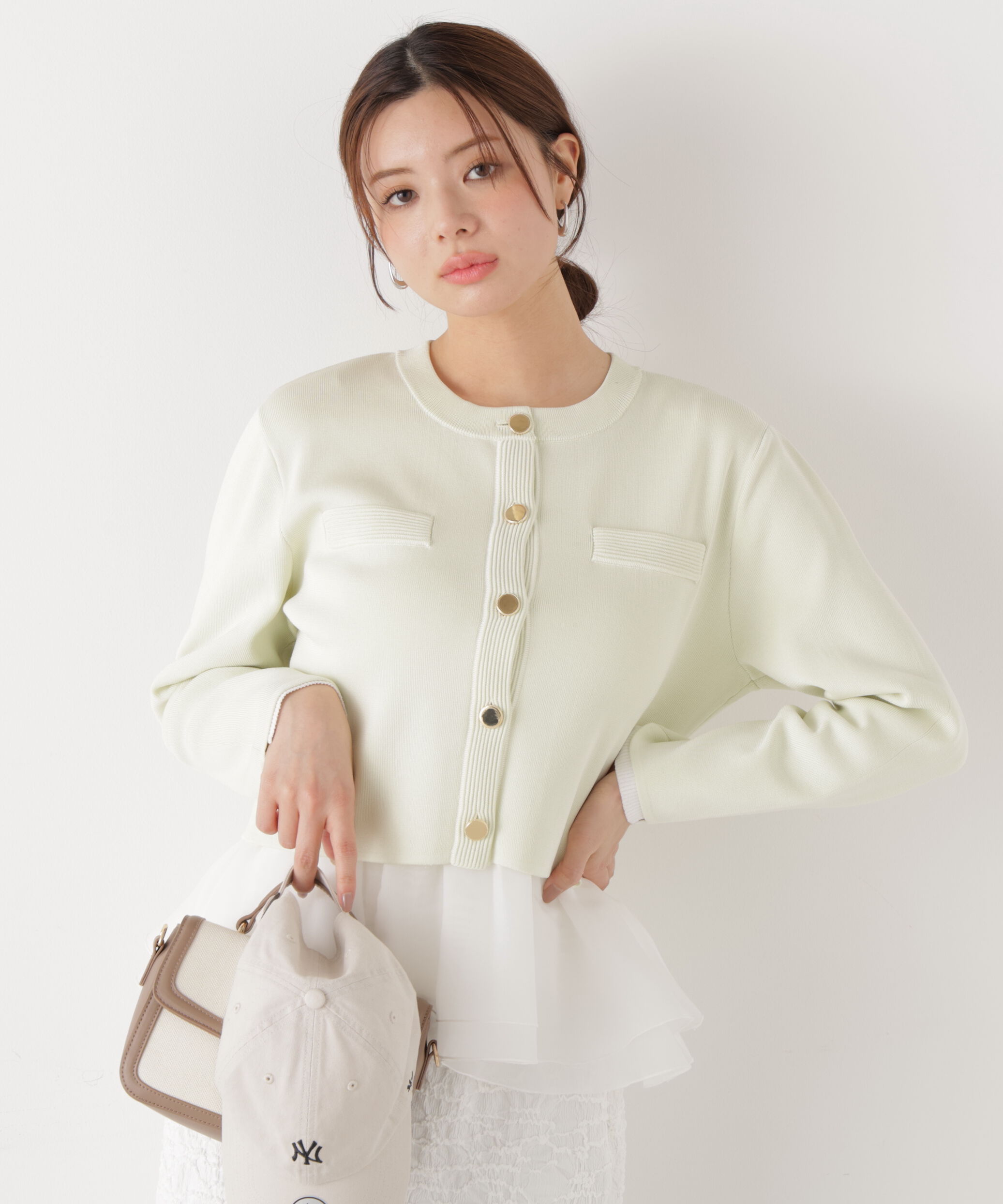 PROPORTION BODY DRESSING「〈a/mie〉シアーペプラムリブニット　26SS」|カーディガン|