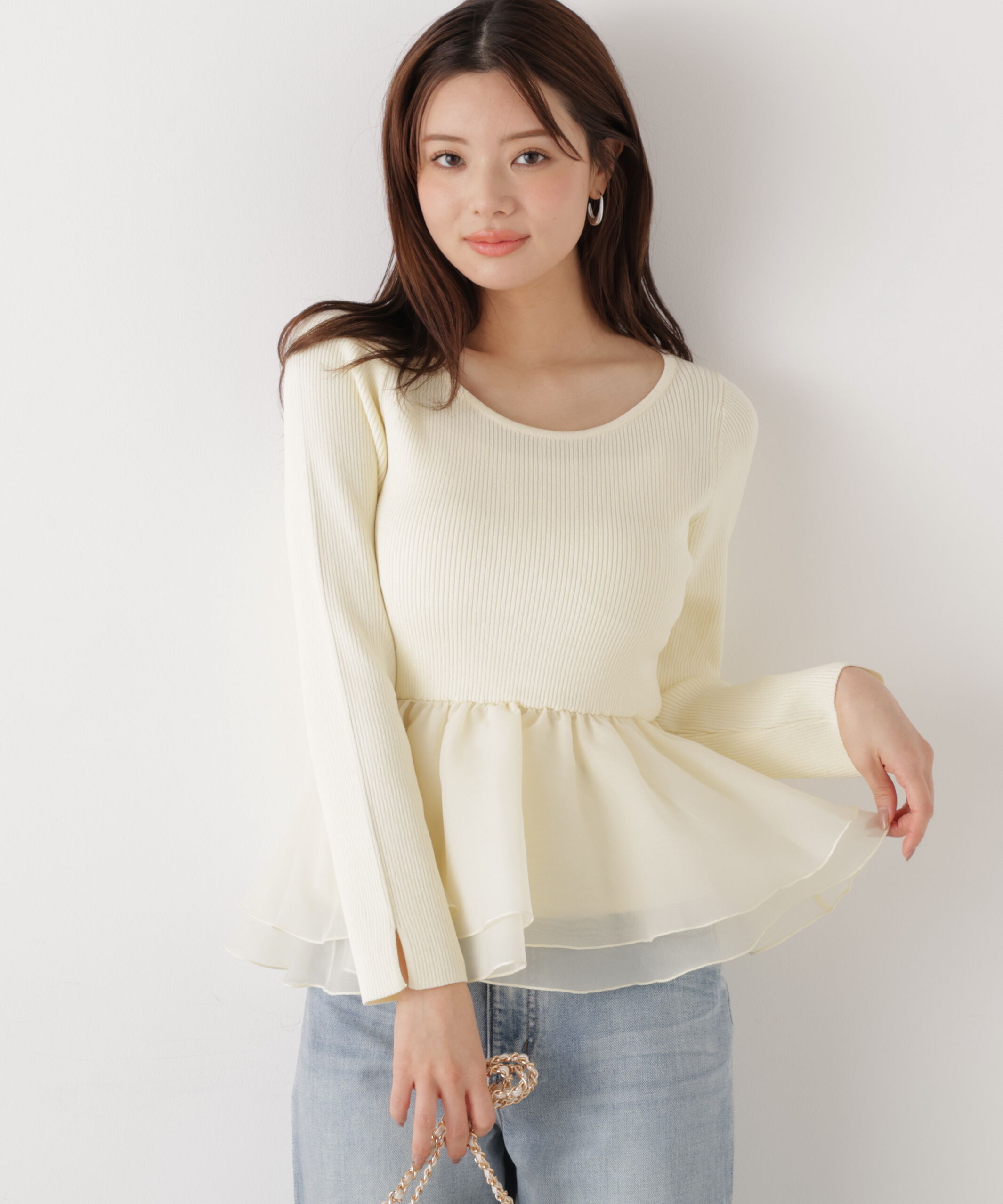 PROPORTION BODY DRESSING「〈a/mie〉シアーペプラムリブニット　26SS」|カーディガン|