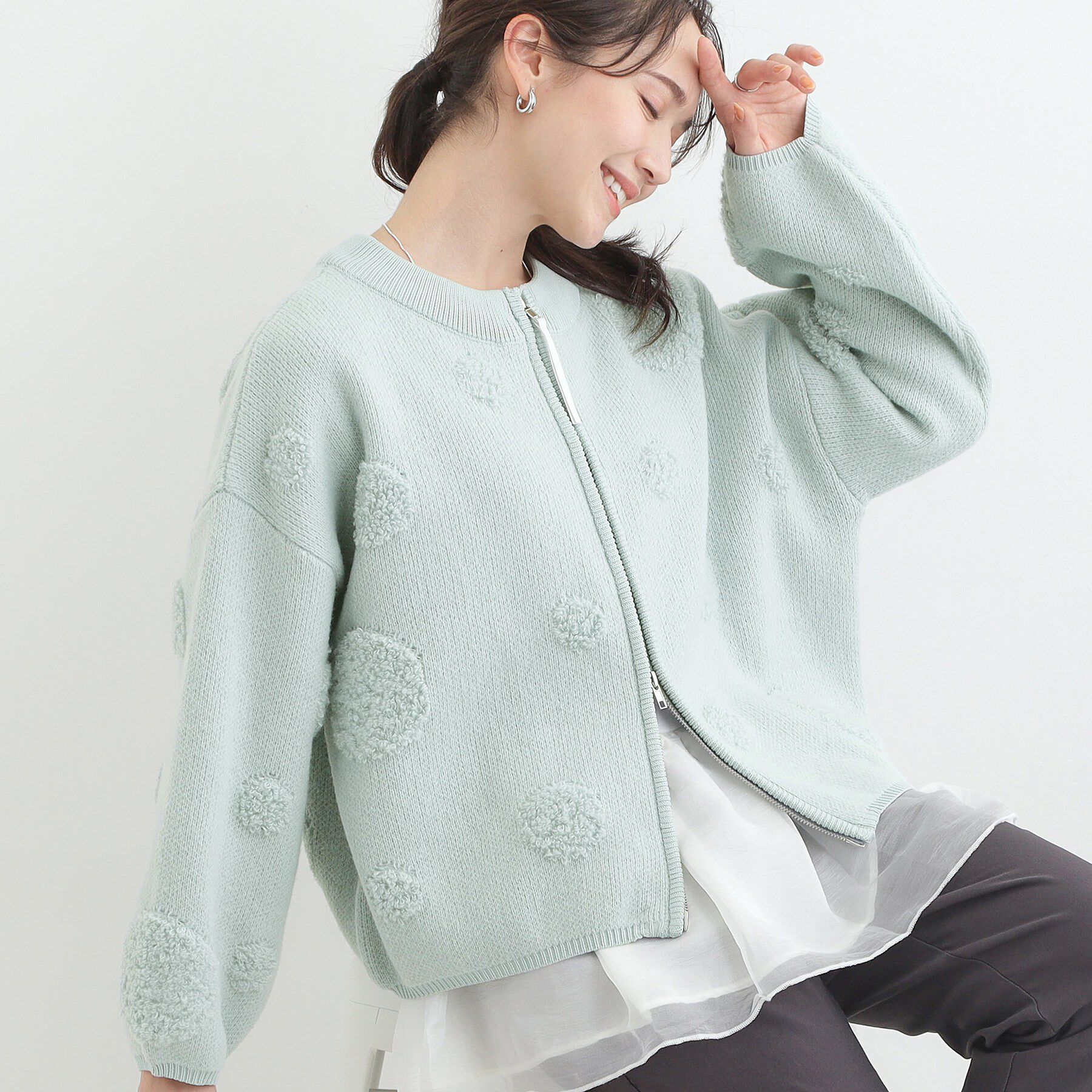 SHOO･LA･RUE「選べる4柄 ダブルZIPで着こなし色々 柄カーディガン」|カーディガン|ミントグリーン(12