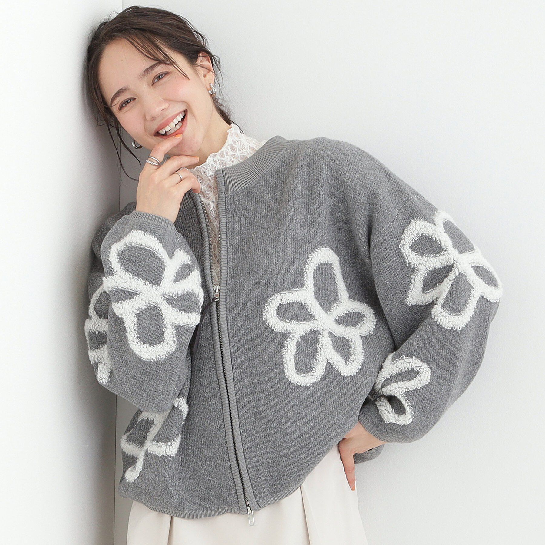 SHOO･LA･RUE「選べる4柄 ダブルZIPで着こなし色々 柄カーディガン」|カーディガン|グレー(412)