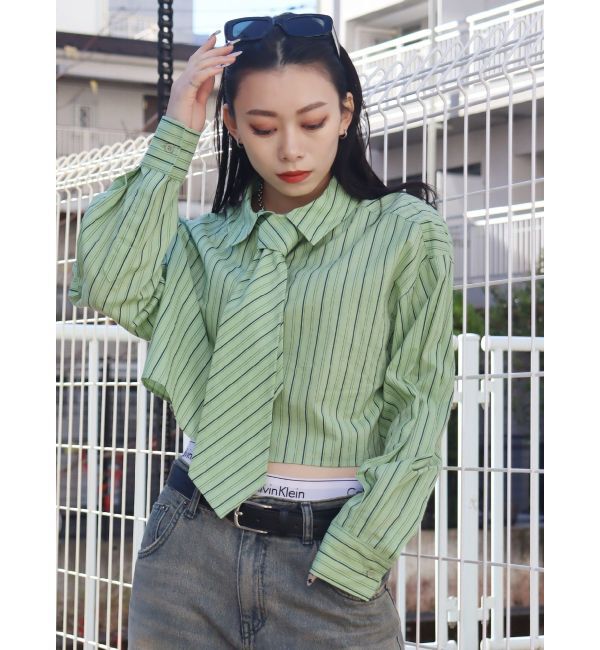 EVRIS「ネクタイデザインクロップドシャツ」|シャツ・ブラウス|グリーン