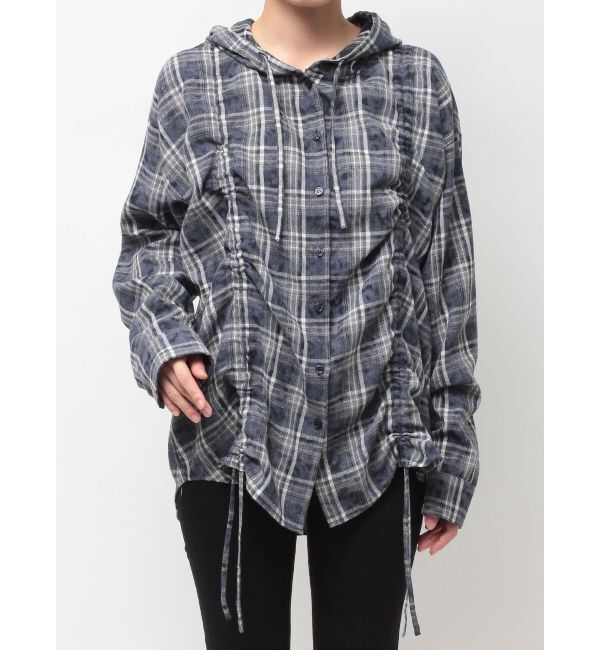 GYDA「GG drawstringフードチェックシャツ」|シャツ・ブラウス|ネイビー