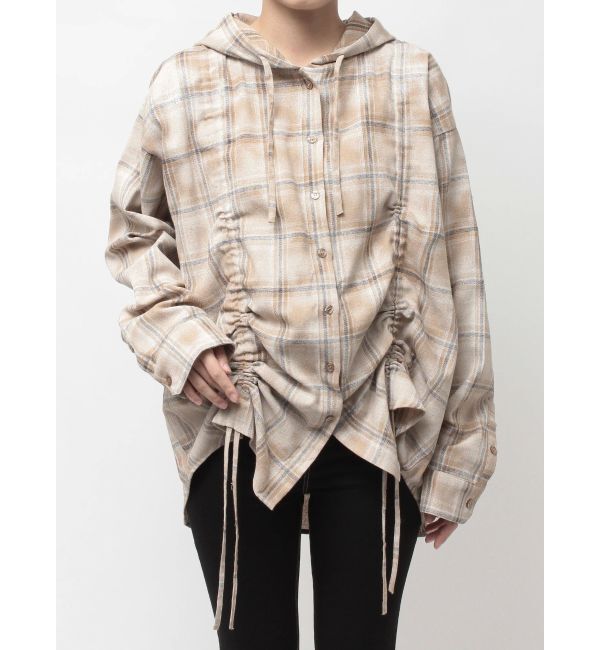GYDA「GG drawstringフードチェックシャツ」|シャツ・ブラウス|ベージュ