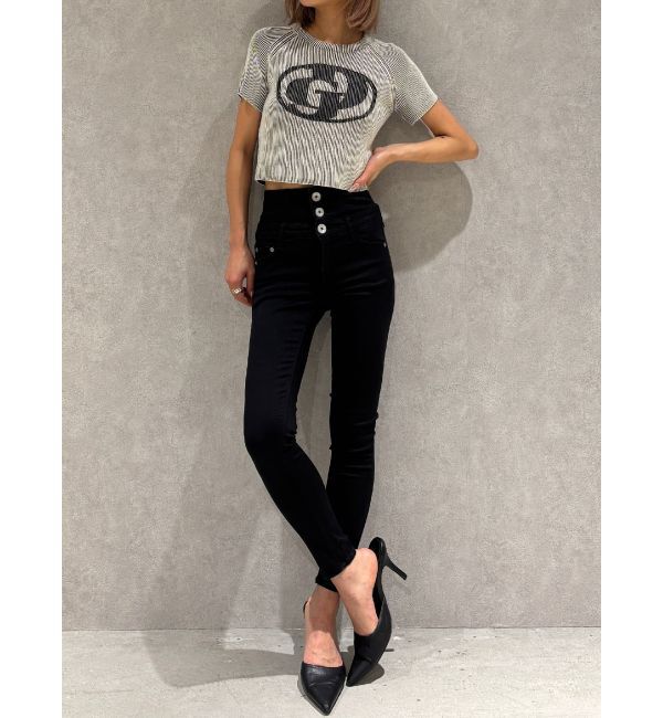 GYDA「【TINY】ハイウエストウエストクロススキニーデニムパンツ」|デニム|