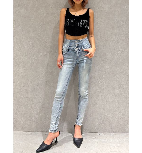 GYDA「【TINY】ハイウエストウエストクロススキニーデニムパンツ」|デニム|