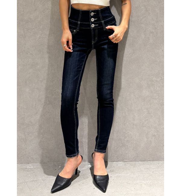 GYDA「【TINY】ハイウエストウエストクロススキニーデニムパンツ」|デニム|インディゴ