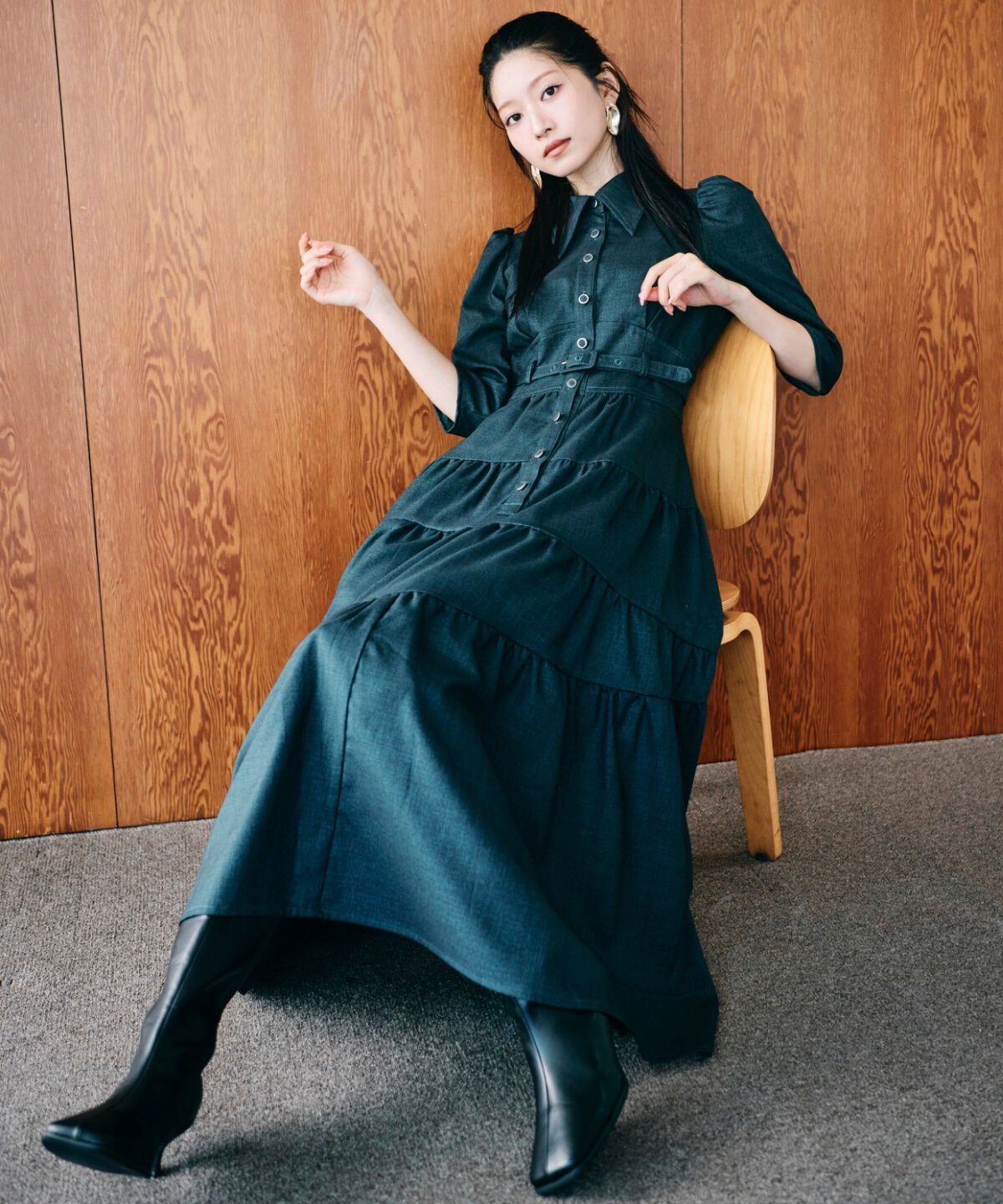 アンドクチュール「ベルト付ティアードシャツワンピース」|ワンピース|ﾀﾞｰｸｸﾞﾘｰﾝ