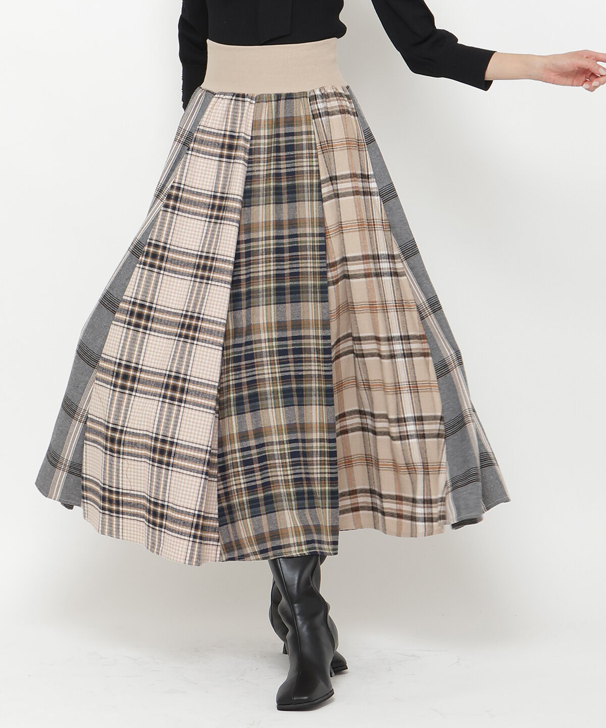 アンドクチュール「ウエストリブMIXネルチェックロングスカート」|フレア|