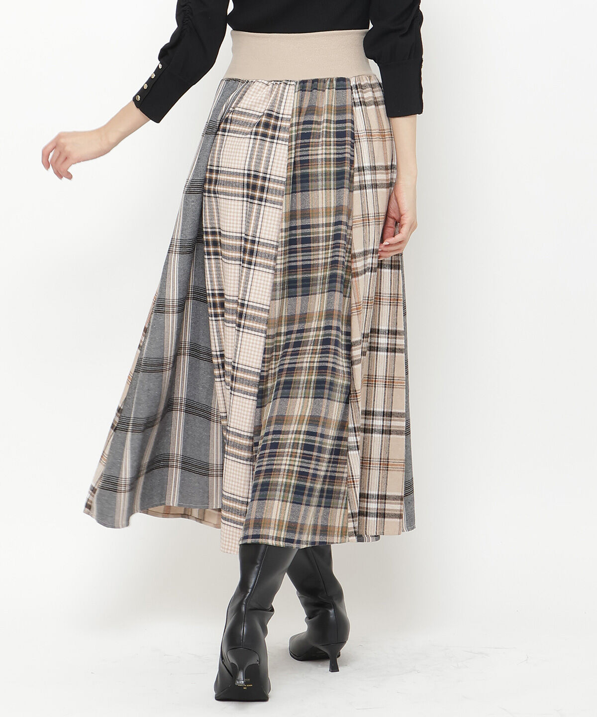 アンドクチュール「ウエストリブMIXネルチェックロングスカート」|フレア|