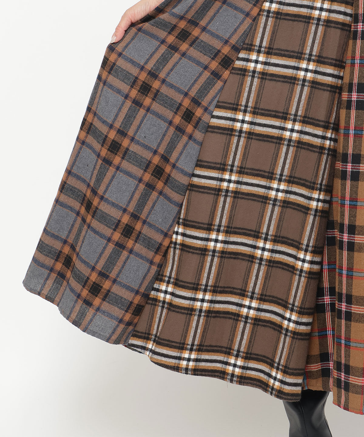 アンドクチュール「ウエストリブMIXネルチェックロングスカート」|フレア|