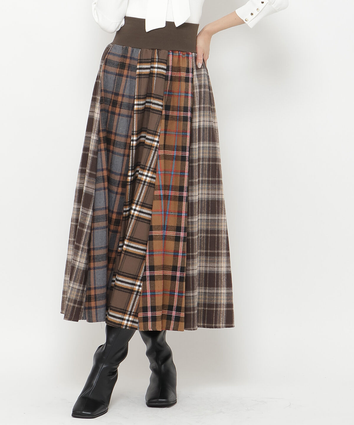 アンドクチュール「ウエストリブMIXネルチェックロングスカート」|フレア|