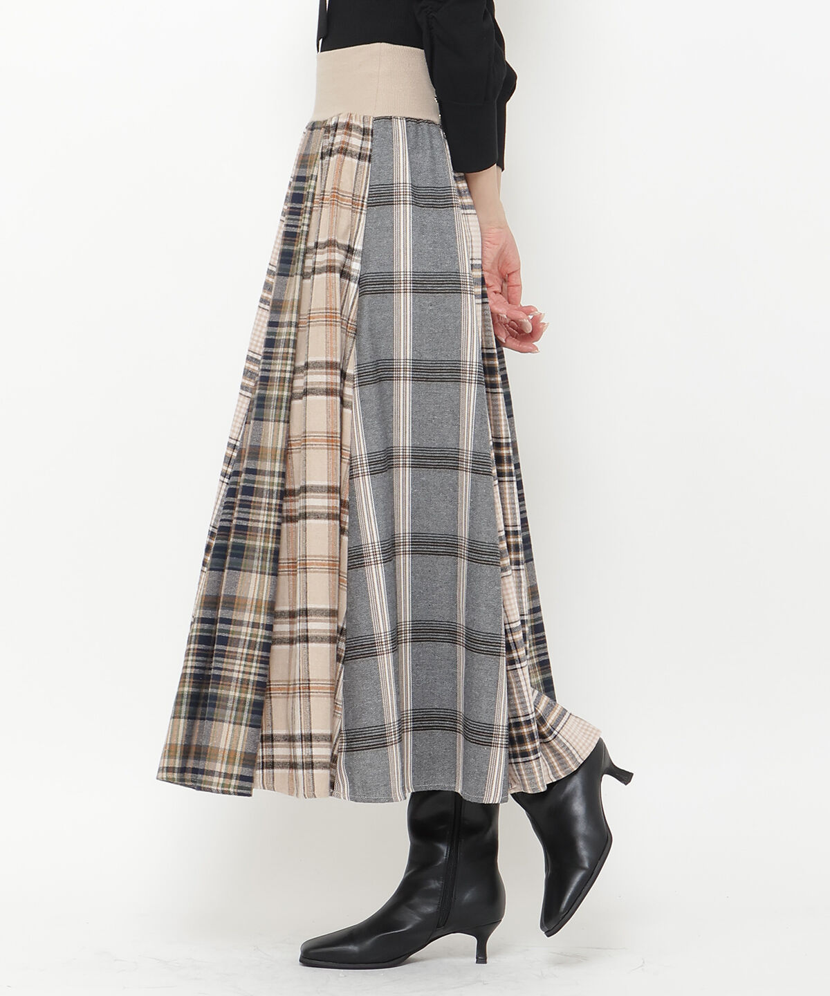 アンドクチュール「ウエストリブMIXネルチェックロングスカート」|フレア|